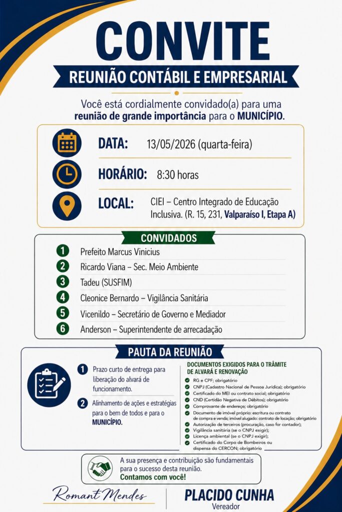 convite-1-683x1024 Valparaíso de Goiás debate desburocratização e fortalecimento do comércio em reunião entre empresários, contadores e lideranças políticas